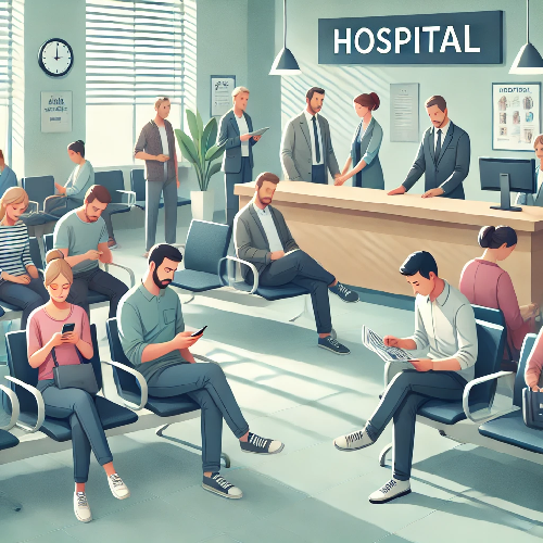 An illustration of people waiting in line at a hospital. The scene includes a diverse group of patients sitting on chairs in a waiting area, some checking their phones, others reading magazines. A receptionist is at the front desk, assisting a patient. The environment is clean and modern, with soft lighting and medical posters on the walls.