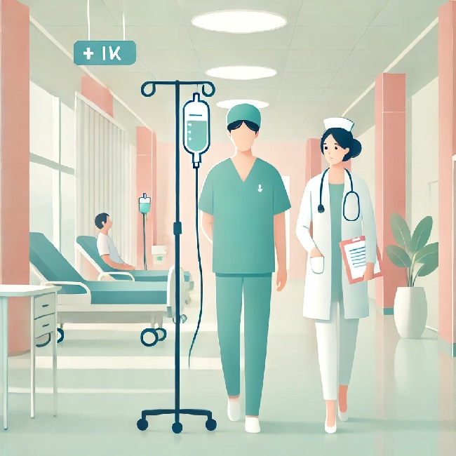 a patient walking in a hospital corridor with an IV drip